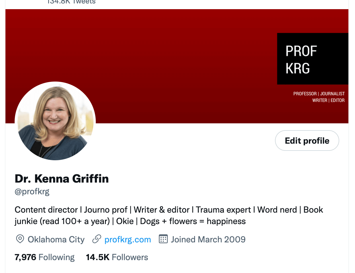 A screenshot of Kenna Griffin's Twitter bio.